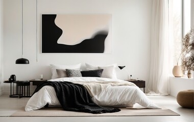 Modern beadroom features a white bed with black pillows and a matching blanket, against a pristine white wall with an abstract art poster