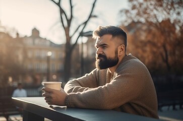 Bearded man drinking coffee on terrace. Guy outside with takeaway drink cup. Generate ai