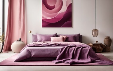 Modern beadroom features a purple bed with pink pillows and a matching blanket, against a pristine white wall with an abstract art poster