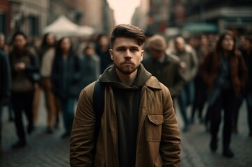 Fototapeta premium Male closeup portrait on crowded street. Young guy posing on town populous avenue. Generate ai