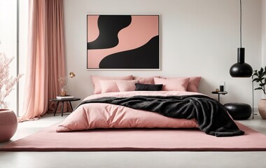 modern beadroom features a pink bed with black pillows and a matching blanket, against a pristine white wall with an abstract art poster