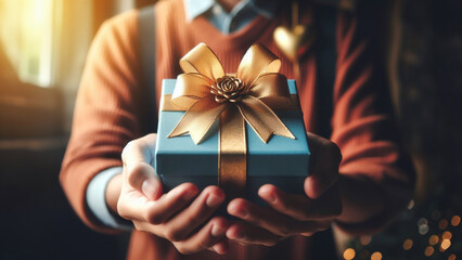 a person holding a blue gift box with a gold bow, a stock photo  shutterstock contest winner, cloisonnism, stockphoto, stock photo, contest winner