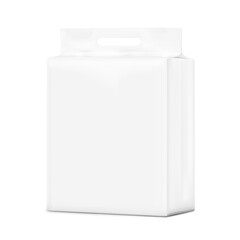 Realistic stand bag with hole handle mockup. Half side view. Vector illustration isolated on white background. Ready for your design. Suite for the presentation of diaper, foods, wet wipes. EPS10.