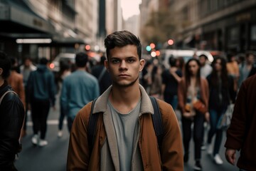 Young man portrait on crowded city street. Serious male teenager posing on multitude populace...