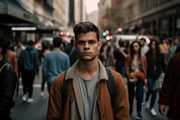 Foto op Canvas Young man portrait on crowded city street. Serious male teenager posing on multitude populace avenue. Generate ai © nsit0108