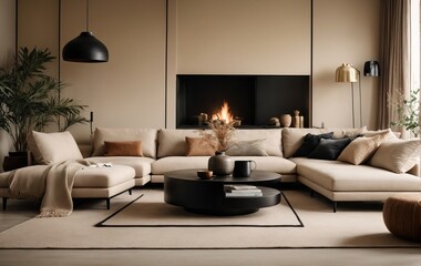 Living room with a Japandi interior design. Combine a beige sofa and sleek black coffee table near a warm fireplace