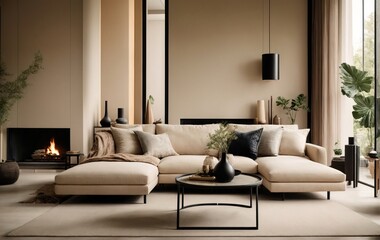 Living room with a Japandi interior design. Combine a beige sofa and sleek black coffee table near a warm fireplace