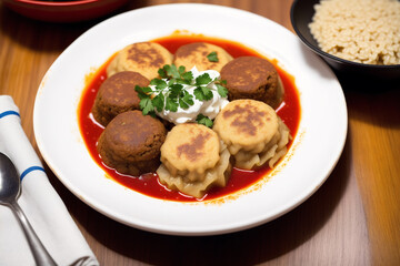 Russian cuisine. Meat dumplings stuffed with vegetables and sour cream. Pancakes with minced meat and vegetables. Generative AI