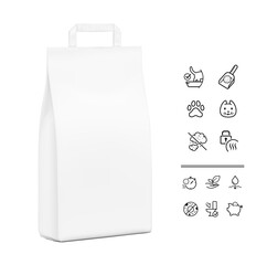 Paper packaging bag with handle mockup with set icons for cat litter. Half side view. Vector illustration isolated on white background. Ready for use in presentation, promo, advertising. EPS10.