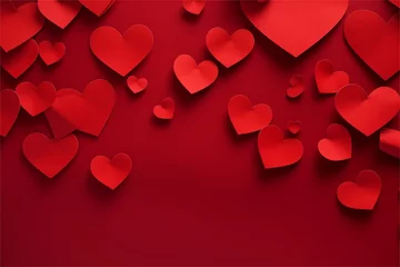 Fotobehang Red paper hearts in a chaotic order, background for a romantic event, Valentine's Day, holiday card © Ekaterina