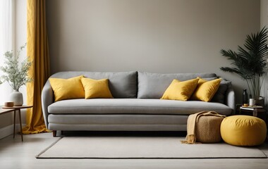 Scandinavian home, a grey sofa with yellow pillows stands against a stucco wall, creating a visually appealing contrast