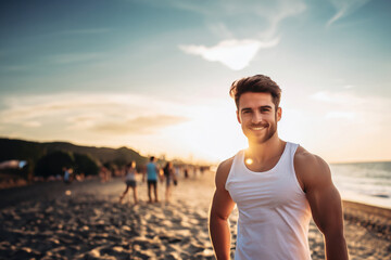attractive young adult man on sandy beach, toned muscular body, muscles, friendly smile, handsome man - obrazy, fototapety, plakaty