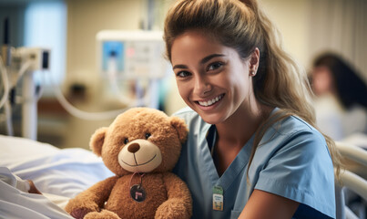 Caring nurse smiling at happy young patient with teddy bear in a hospital room, creating a comfortable environment