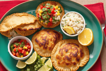 South American cuisine. Tasty pie with rice and vegetables served on plate, closeup. Generative AI