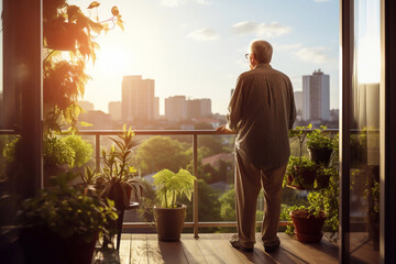 American senior man enjoying the view while standing on the terrace at home. retirement senior lifestyle and living concept - obrazy, fototapety, plakaty