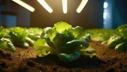  lettuce indoors under uv lamps in soil - obrazy, fototapety, plakaty
