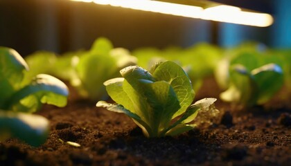  lettuce indoors under uv lamps in soil - obrazy, fototapety, plakaty