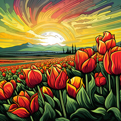 Graffiti drawing of tulip fields with yellow, green and red at sunrise with mountains