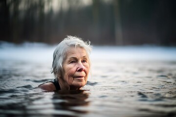 Elderly woman swimming in outdoor cold pond water. Senior female swimmer rejuvenation refreshing aquatic therapy. Generate ai