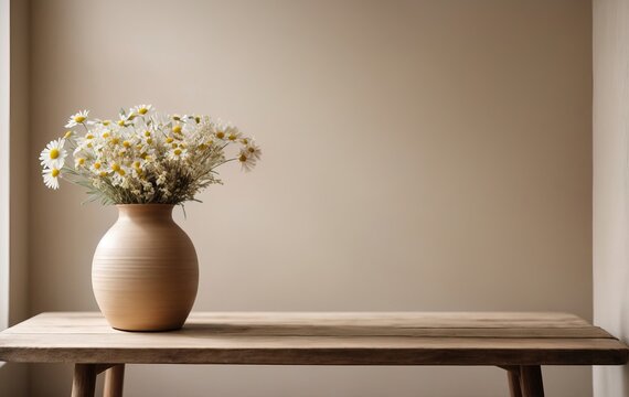 Wooden table with a vase of chamomile flowers sits near an empty white wall, offering a serene and customizable home interior
