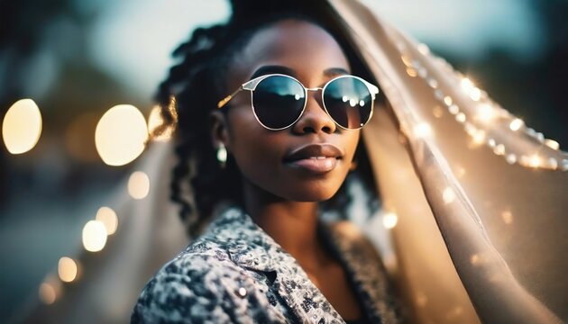 young adult african american woman with sunglasses and creative lights