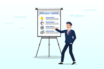 Businessman present project brief on meeting room whiteboard, project briefing, design summary or brief document presentation, business goal strategy or workflow development details, planning (Vector)