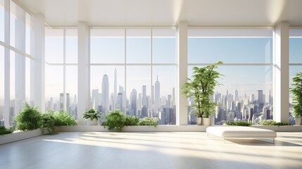 Invigorating Biophilic Design: Sunlit Minimalist Interior with Cityscape Views and Lush Greenery