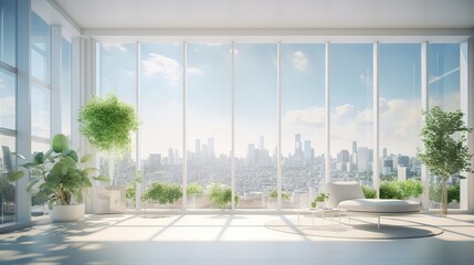 Invigorating Biophilic Design: Sunlit Minimalist Interior with Cityscape Views and Lush Greenery