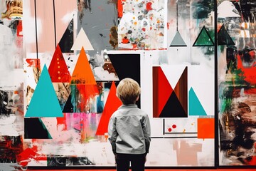 A Young Boy Admiring a Masterpiece Winter Christmas tree Grunge banner background