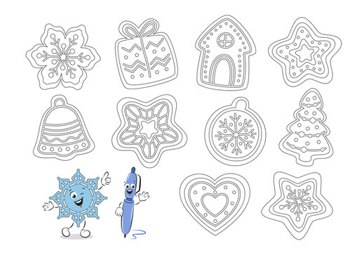 Coloring page with Christmas cookies, gingerbread for children. Worksheet for practicing motor skills kids. Vector illustration