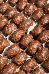 Hazelnut chocolate small cake. Chocolate and cream lançop cake. Close up