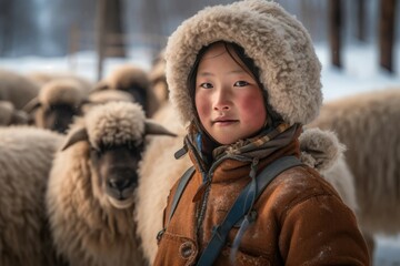 Mongolian girl outdoor portrait with sheeps. Asia winter nature baby people. Generate Ai