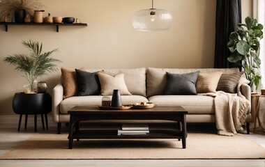 A black wooden coffee table is placed next to a beige sofa, which is positioned against a wall with shelves. The interior design of the living room follows a country boho style