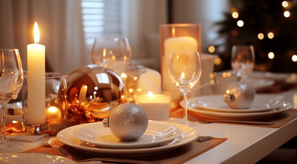 Beautiful Christmas table setting with candles and festive decor, close-up