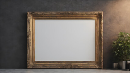  Artifical Intelligence generated image of interior with empty frame.   Blank picture frame hanging on wall, AI generated image