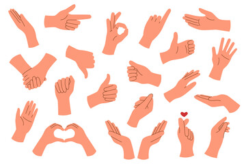 Set of hands with different gestures isolated on white background.	