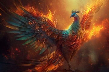 Burning bird artwork. Amazing and fantasy phoenix flying giant wings. Generate AI - obrazy, fototapety, plakaty