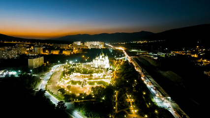 Gelendzhik, Russia. Cathedral of St. Andrew the First-Called. Andreevsky park. Night time, Aerial View