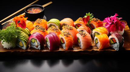 Tasty Sushi with Aesthetic Beauty and Plate Presentation in a Colorful Composition