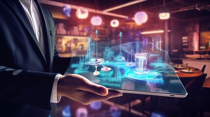 Waiter Holding Empty Digital Tablet: Smart City & Services, IoT, AR Night Scene