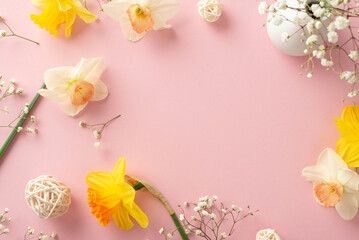Immerse yourself in spirit of spring with a romantic set. High-angle photo showcases delicate narcissus and gypsophila branches on a rose isolated backdrop, ready for text or promotional content