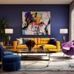 home interior design living room in modern classic style design scheme formal structure and luxury loose furniture with modern artwork wall mural and accent wall colorful artframe living room design
