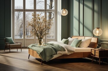 contemporary study room interior design concept design scheme with green and natural material design cosy loose furniture with window bright garden view and sunlight bright and clear design