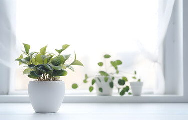 Green home plant on white pot on white wooden table over blurred