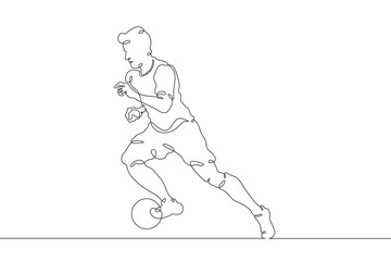 Fototapeta na wymiar A football player runs along a football field with a ball. Football game. One continuous line drawing. Linear. Hand drawn, white background. One line