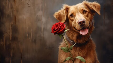 A cute brown dog with a red rose. Valentine’s Day, Mother’s Day concept. Love, friendship, anniversary ideas. Copy space