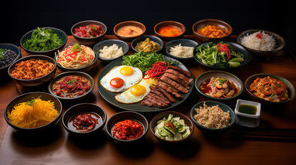 Korean Table Food with Exquisite Dishes and Banchan Delights in the Korean Restaurant