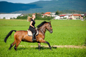 Beautiful young blonde woman riding a horse on a green meadow - 692926488