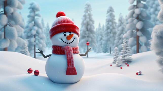 3d render cute funny snowman wearing red hat