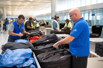 Airport staff managing baggage handling, leaving space for quotes on organization